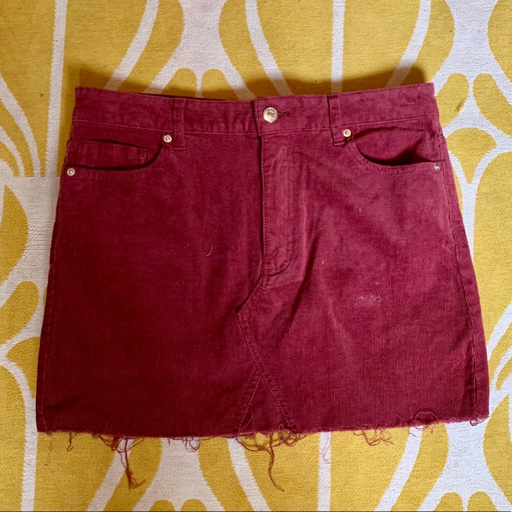 Burgundy Corduroy Mini-skirt with Raw Hem - Picture 3 of 5